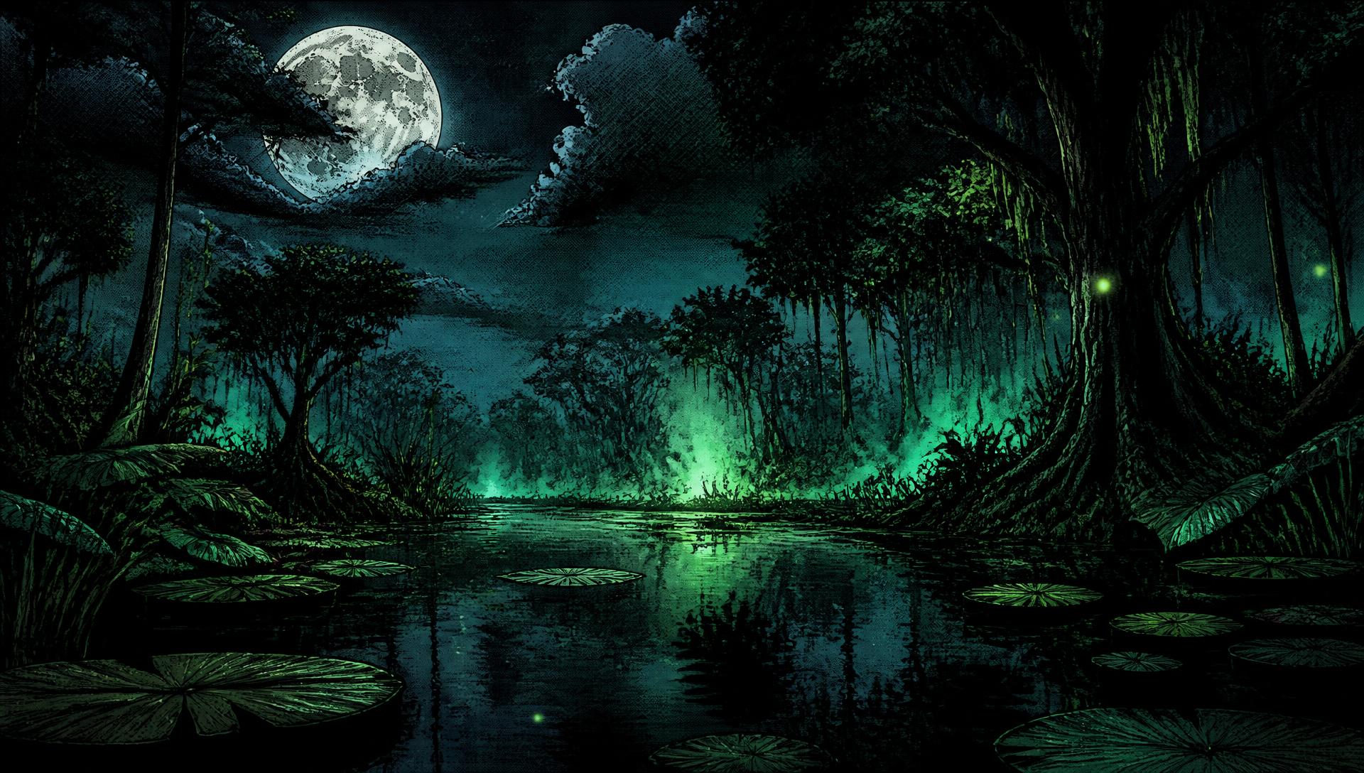 A dark swamp pond glowing green under moonlight